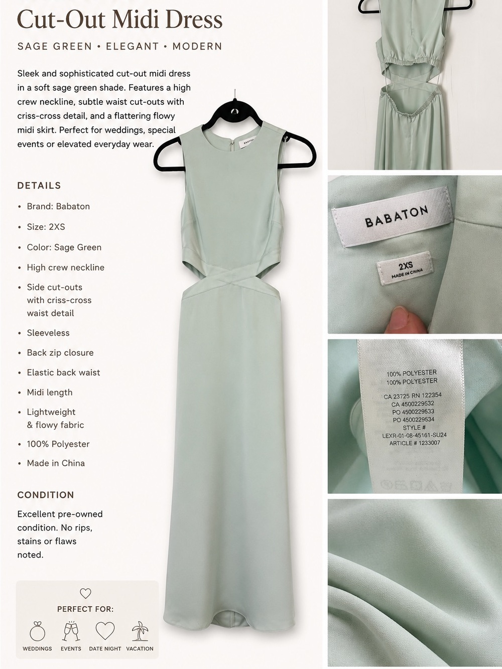 Babaton Cella Satin Sage Green Cut-Out Midi Dress – 2XS